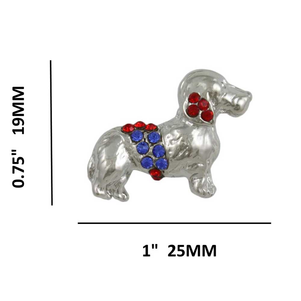 Red Blue Crystal Patriotic Dachshund Dog Lapel Tac Pin with measurements | Lilylin Designs