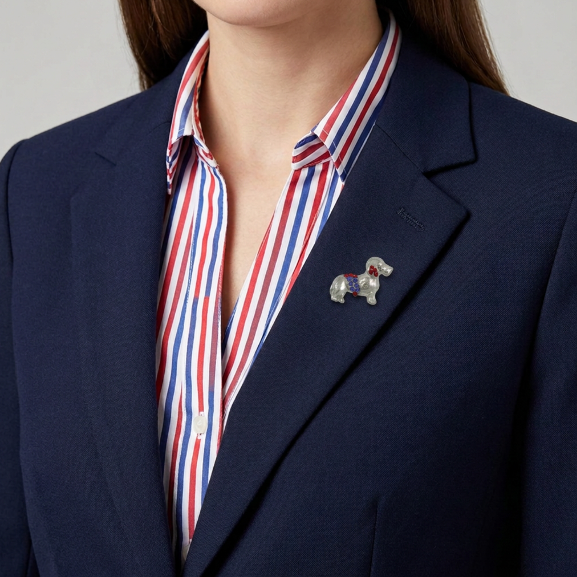 Red Blue Crystal Patriotic Dachshund Dog Lapel Tac Pin on model with navy blue jacket - Lilylin Designs