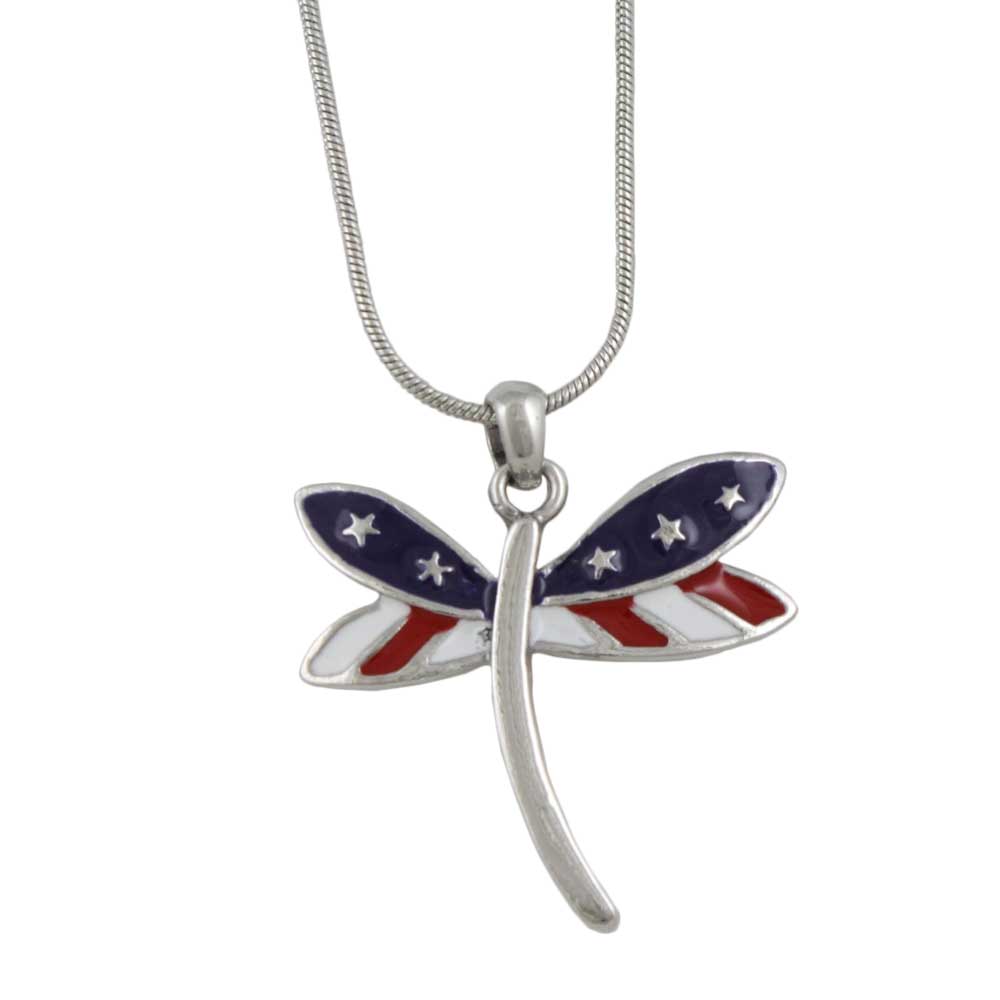 Red White and Blue Dragonfly Pendant with Chain on white background - Lilylin Designs