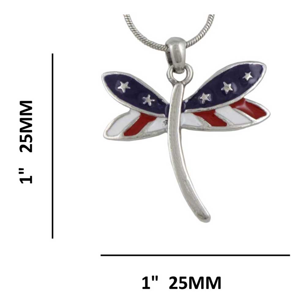 Red White and Blue Dragonfly Pendant with Chain with measurements - Lilylin Designs