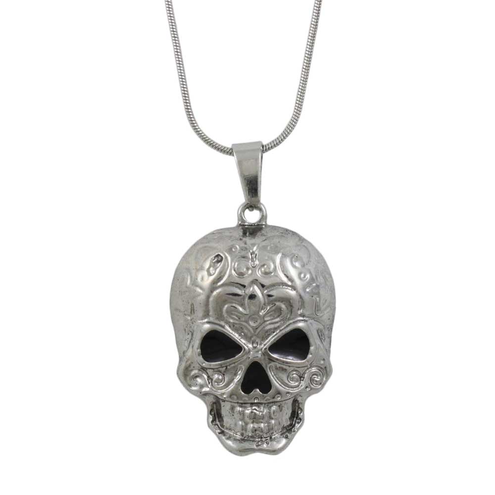 Patterned Antiqued Silver-tone Skull Pendant with Chain - Lilylin Designs