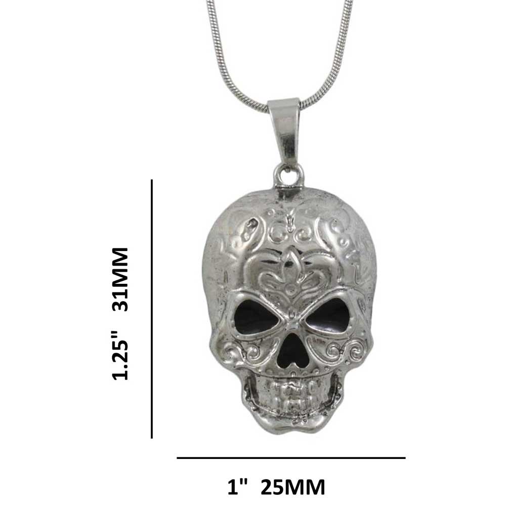 Patterned Antiqued Silver-tone Skull Pendant with Chain with measurements - Lilylin Designs