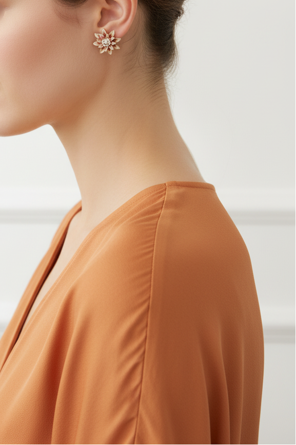 Model wearing peach flower stud earring - Lilylin Designs