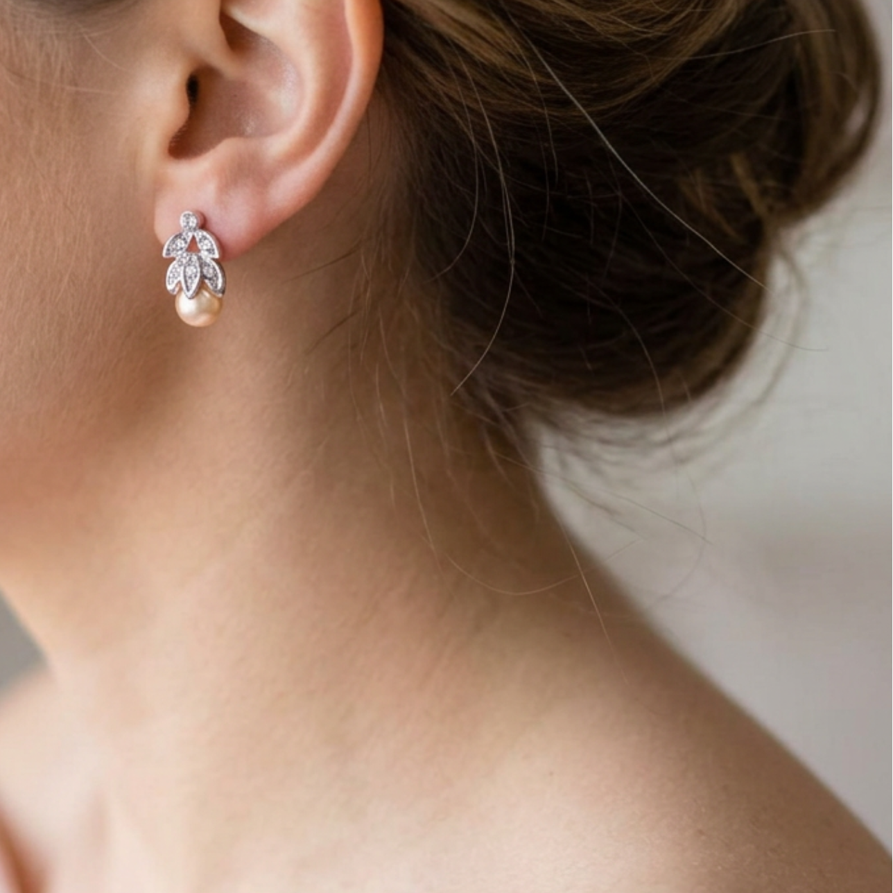 Model wearing Peach Pearl with Clear Crystal Leaves Stud Earring - Lilylin Designs