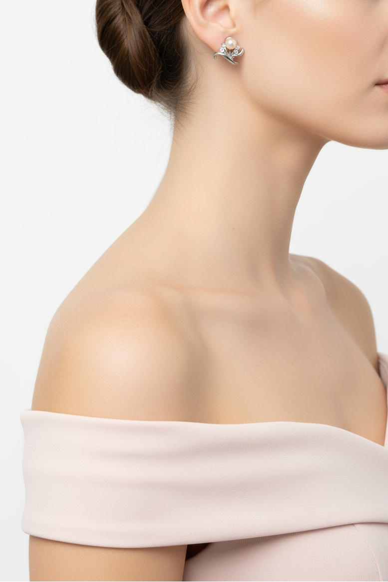 Model wearing peach pearl flower earring - Lilylin Designs