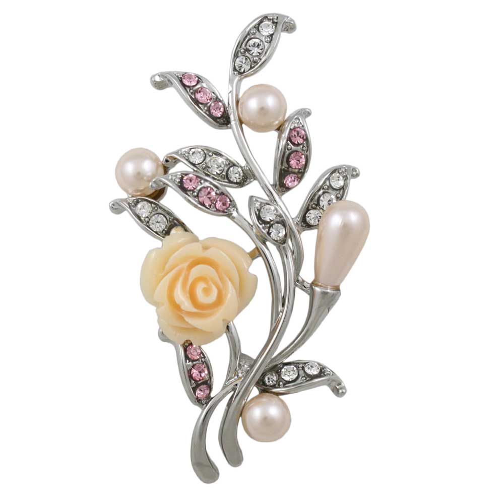 Peach Rose with Light Pink Pearl Buds Brooch Pin - Lilylin Designs