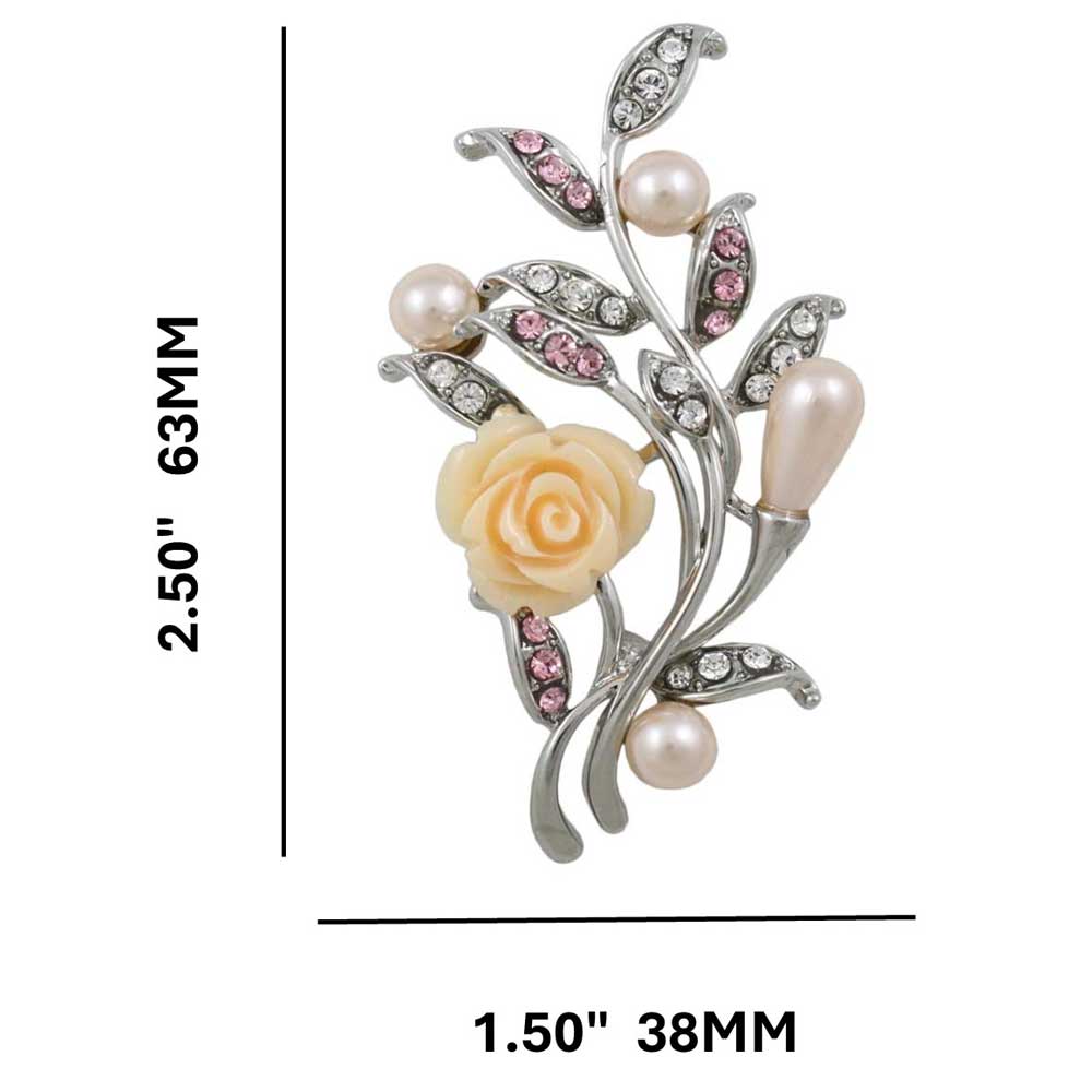 Peach Rose with Light Pink Pearl Buds Brooch Pin with measurements - Lilylin Designs