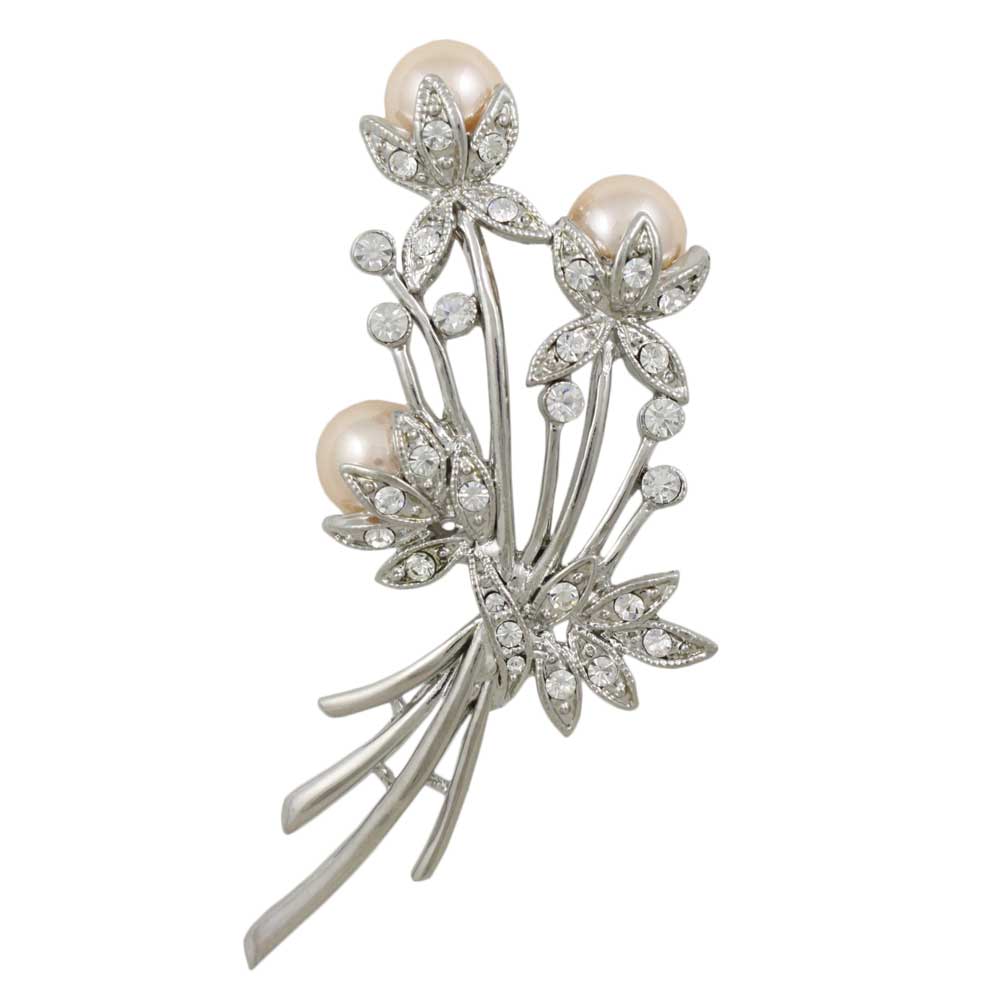 Peach Pearls and Clear Crystals Flower Buds Brooch Pin - Lilylin Designs