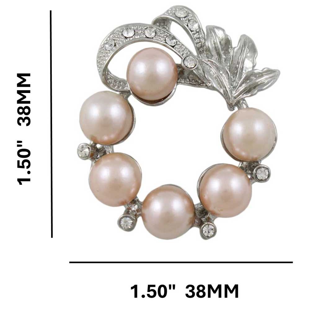 Peach Pearl Wreath with Clear Crystals Brooch Pin with measurements - Lilylin Designs