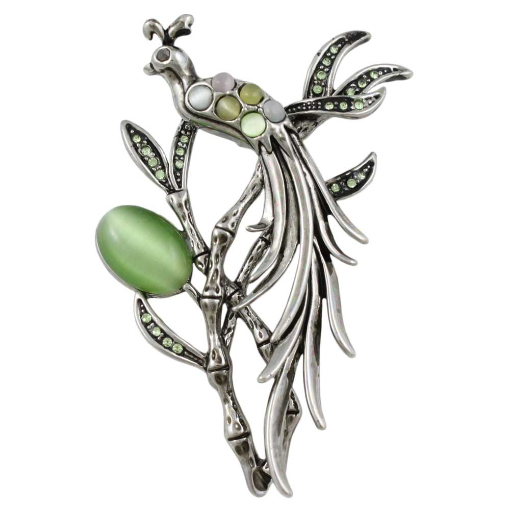 Peacock with Cats Eye and Crystals in Tree Brooch Pin - Lilylin Designs