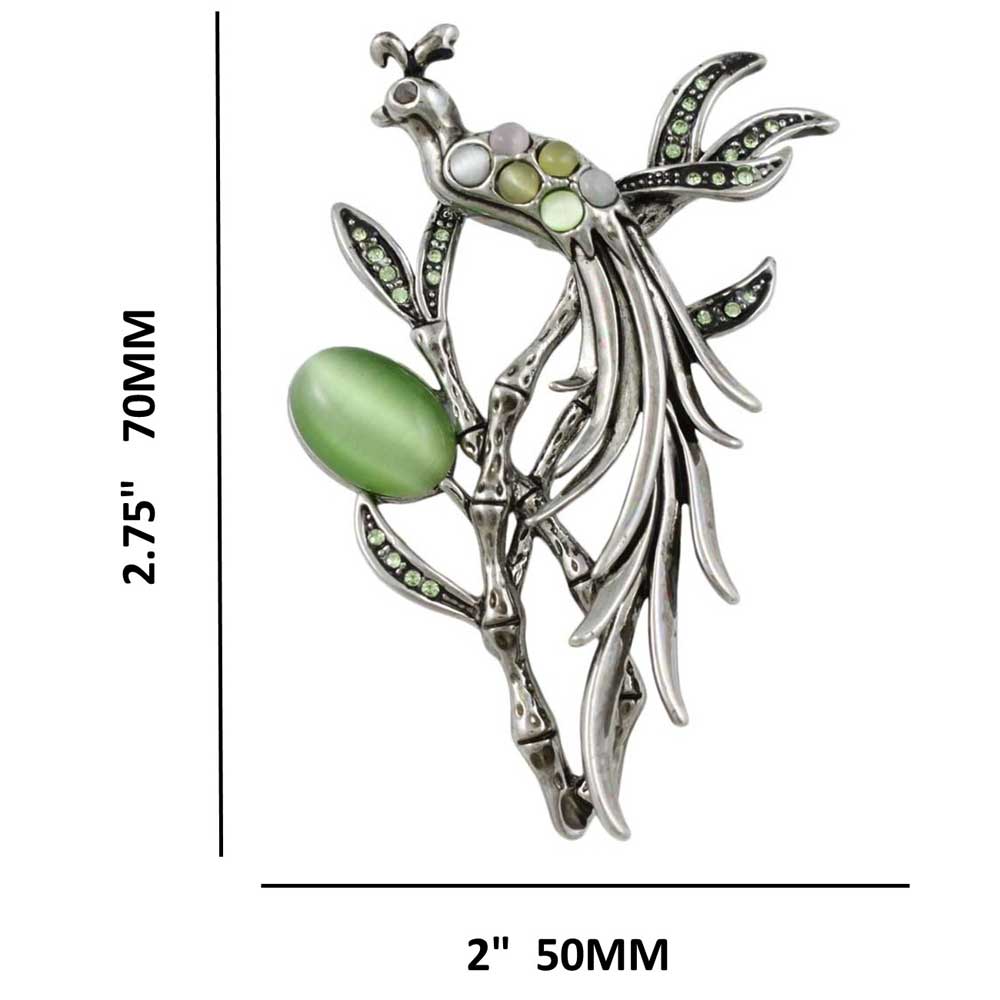 Peacock with Cats Eye and Crystals in Tree Brooch Pin shown with measurements - Lilylin Designs