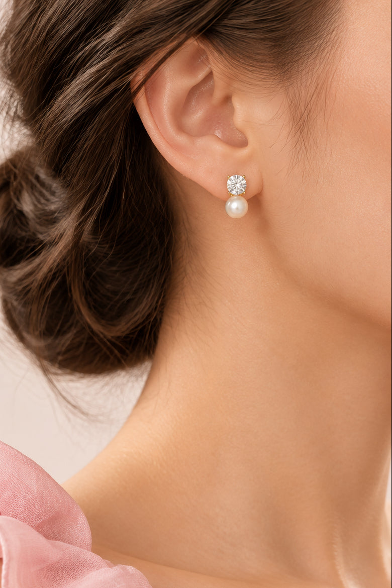 Model wearing clear round crystal with white pearl stud Earring - Lilylin Designs