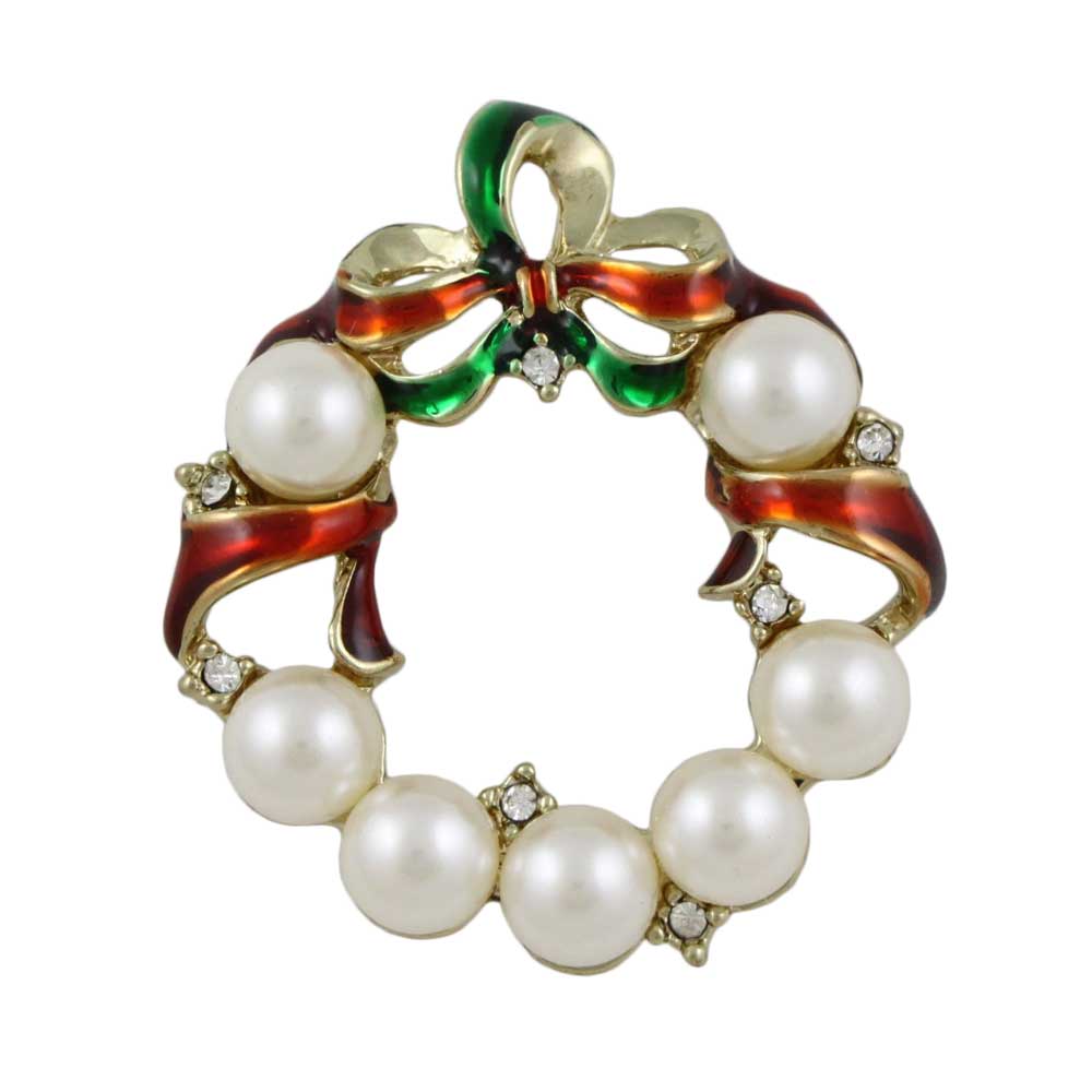 Pearl Christmas Wreath Brooch Pin with Red Green Ribbon - Lilylin Designs