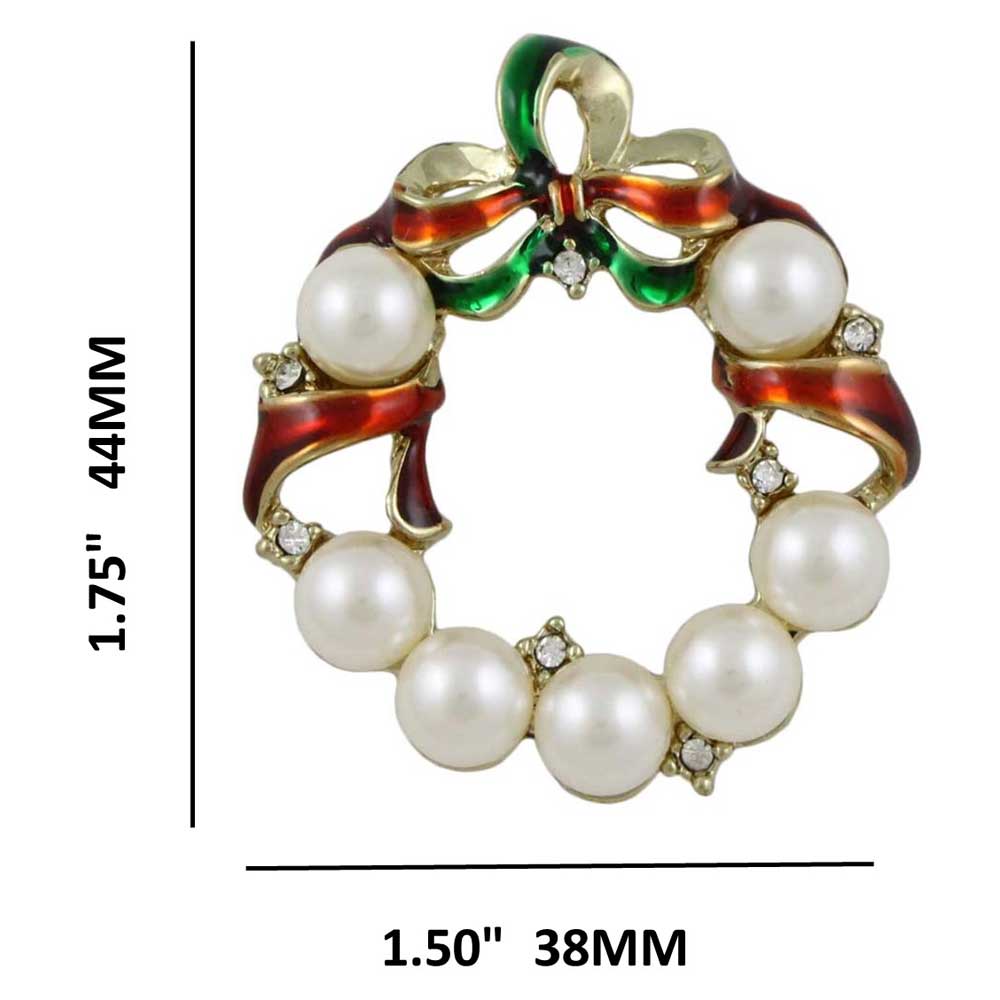 Pearl Christmas Wreath Brooch Pin with Red Green Ribbon with measurements - Lilylin Designs