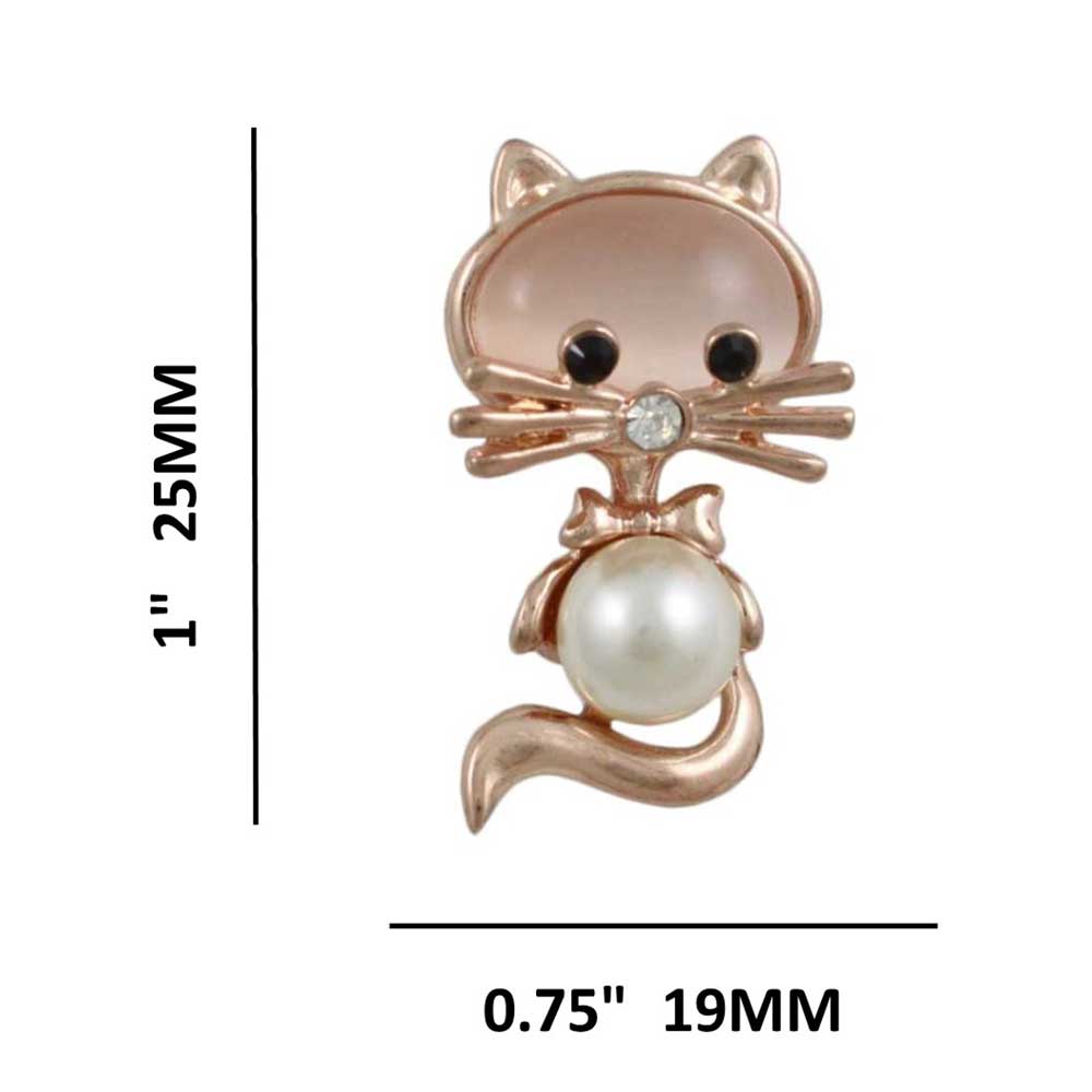 Rose Gold Pearl Belly and Pink Cats Eye Cat Brooch Pin shown with measurements - Lilylin Designs