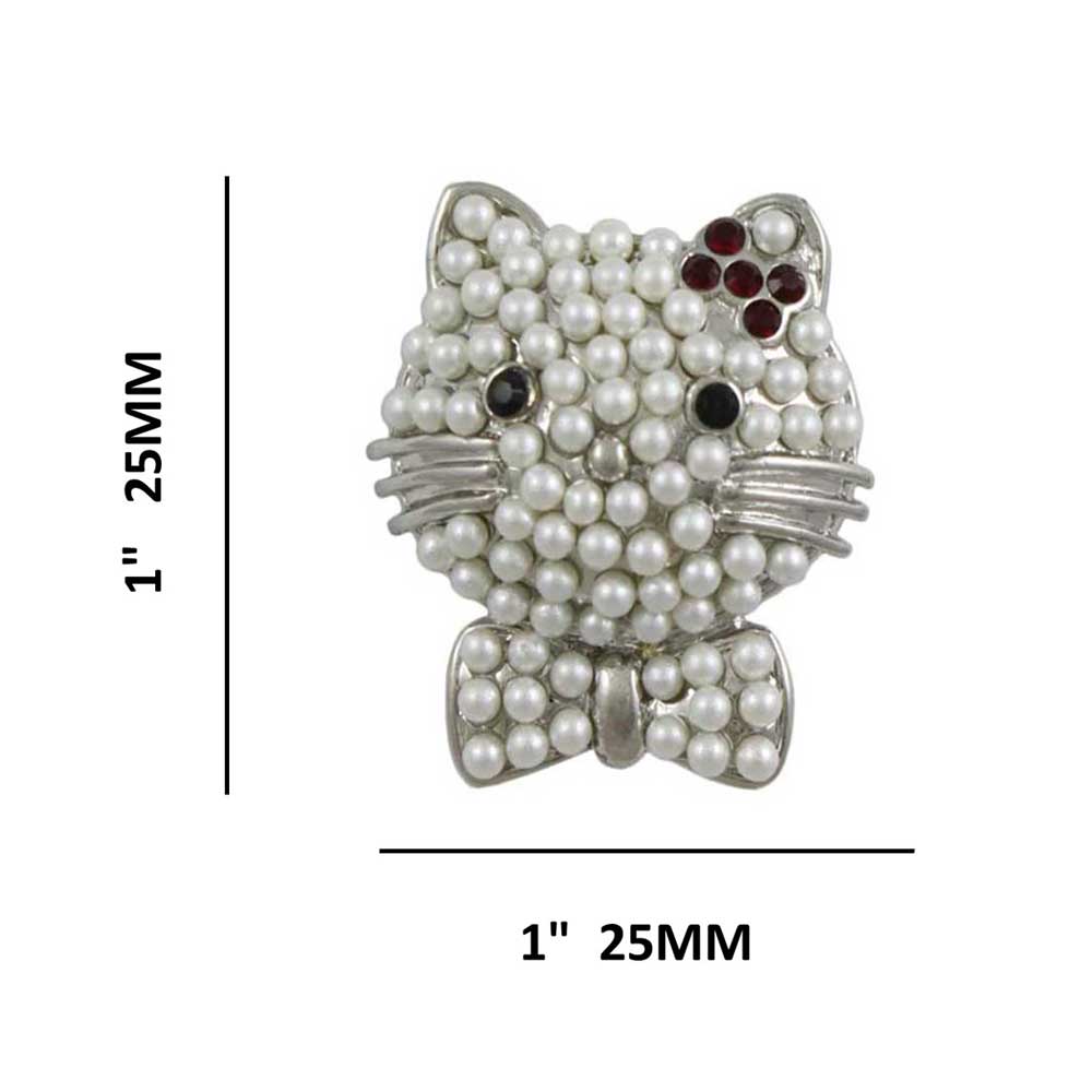 Pearl Studded Cat Head with Red Crystal Bow Brooch Pin shown with measurements - Lilylin Designs