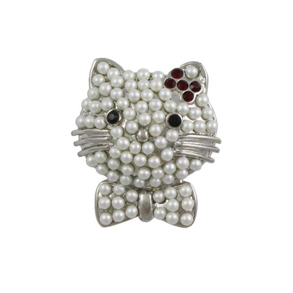 Pearl Studded Cat Head with Red Crystal Bow Brooch Pin - Lilylin Designs