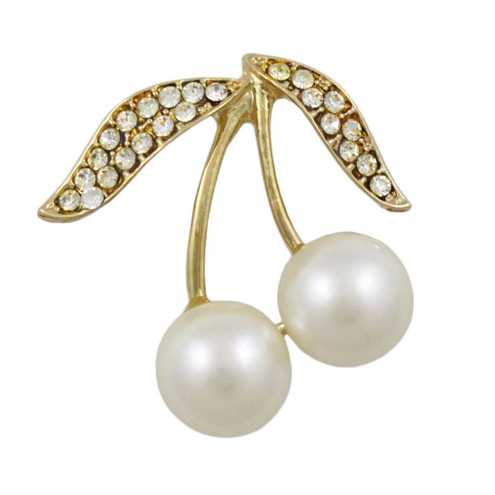 White Pearl Cherries with Crystal Leaves Brooch Pin  - Lilylin Designs