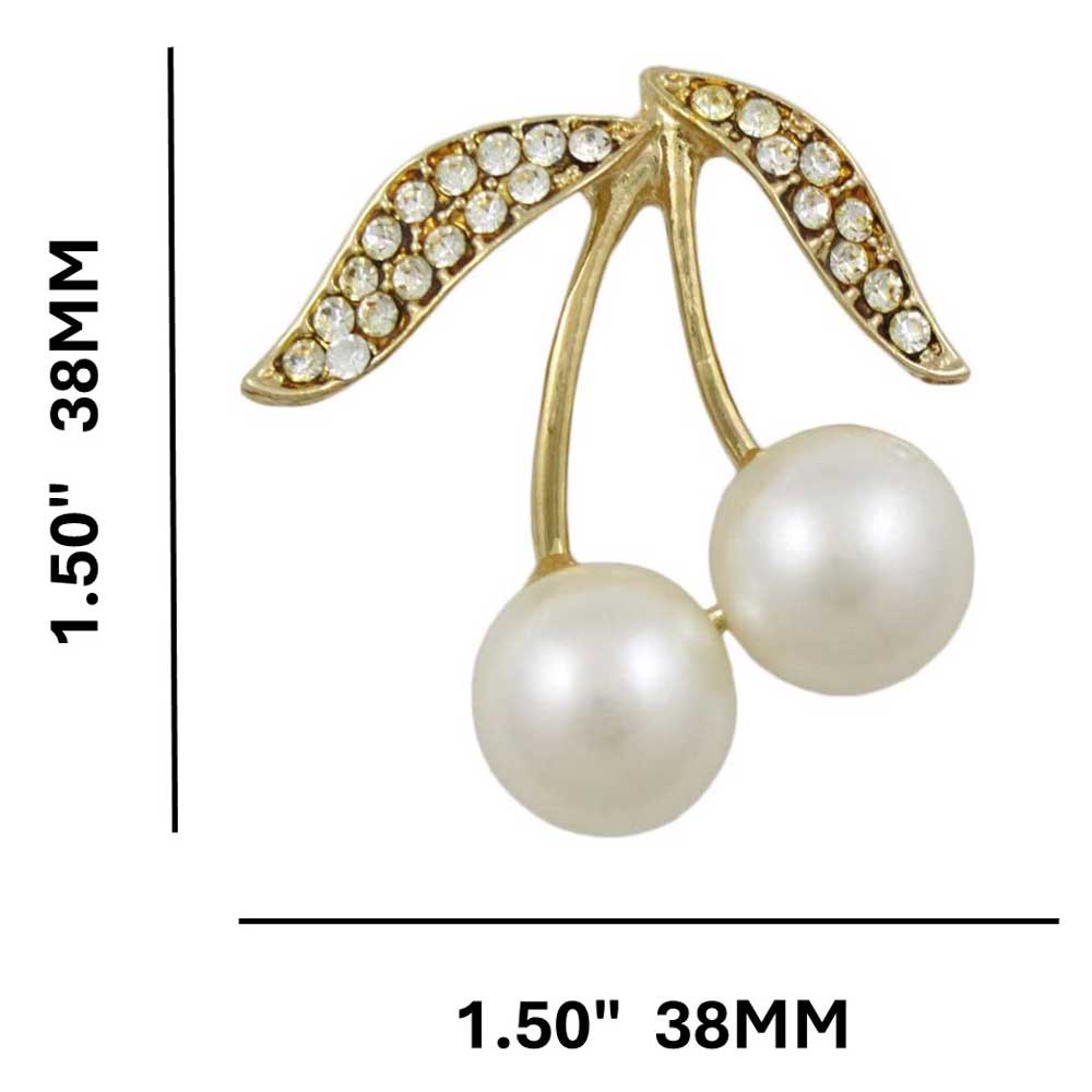White Pearl Cherries with Crystal Leaves Brooch Pin with measurements - Lilylin Designs