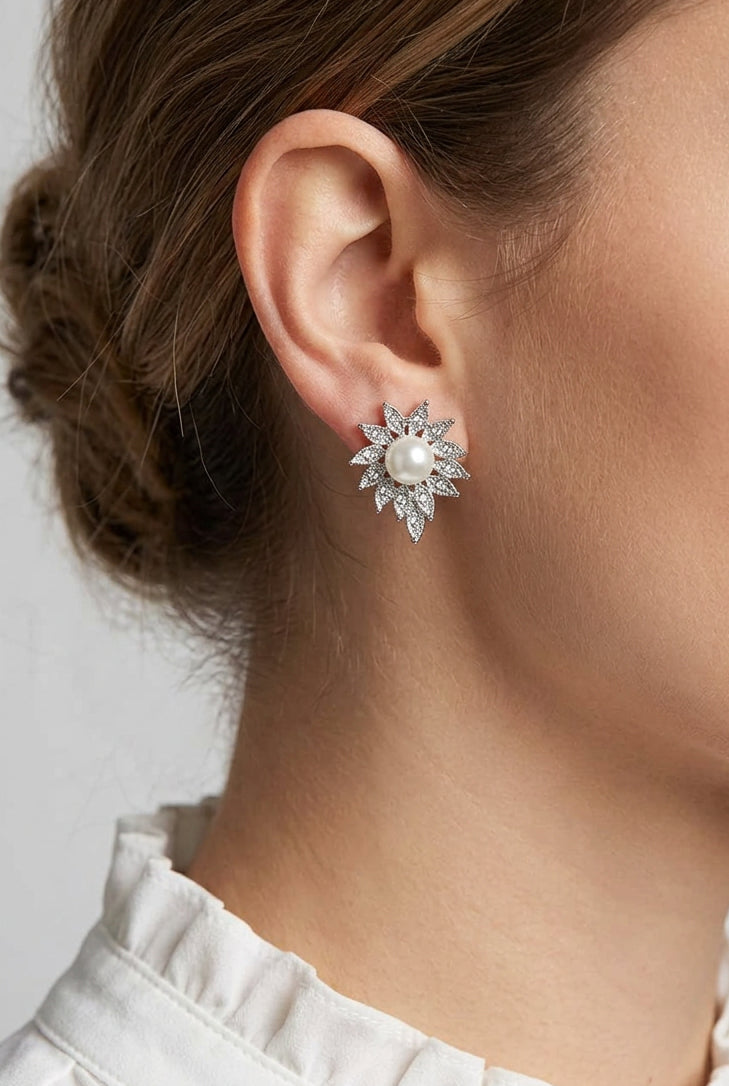 Model wearing crystal sunburst with white pearl pierced earring - Lilylin Designs