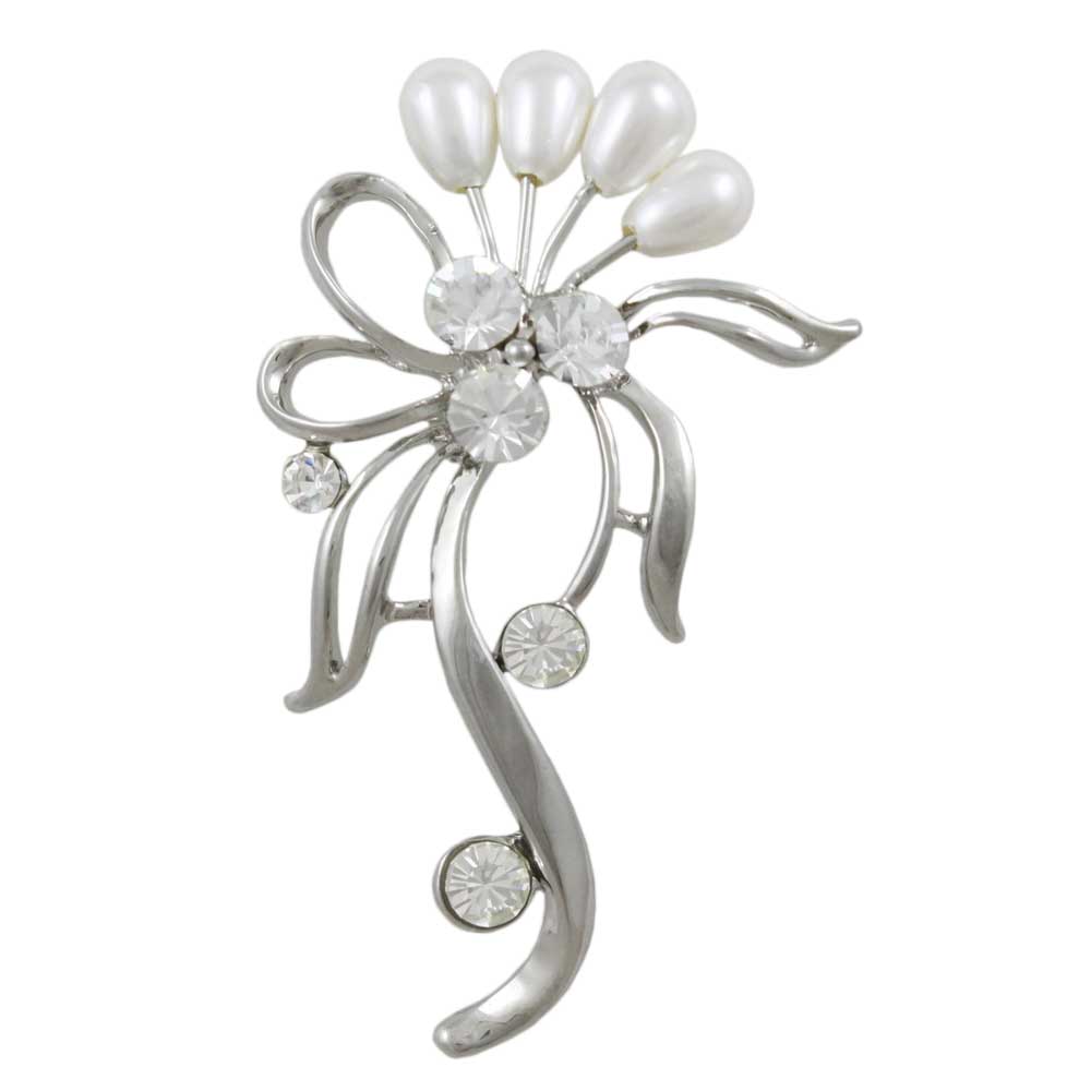 White Teardrop Pearl Buds with Crystal Bow Brooch Pin - Lilylin Designs