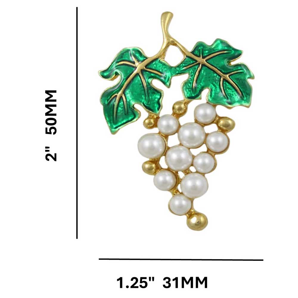 White Pearl Grapes with Green Enamel Leaves Brooch Pin with measurements - Lilylin Designs