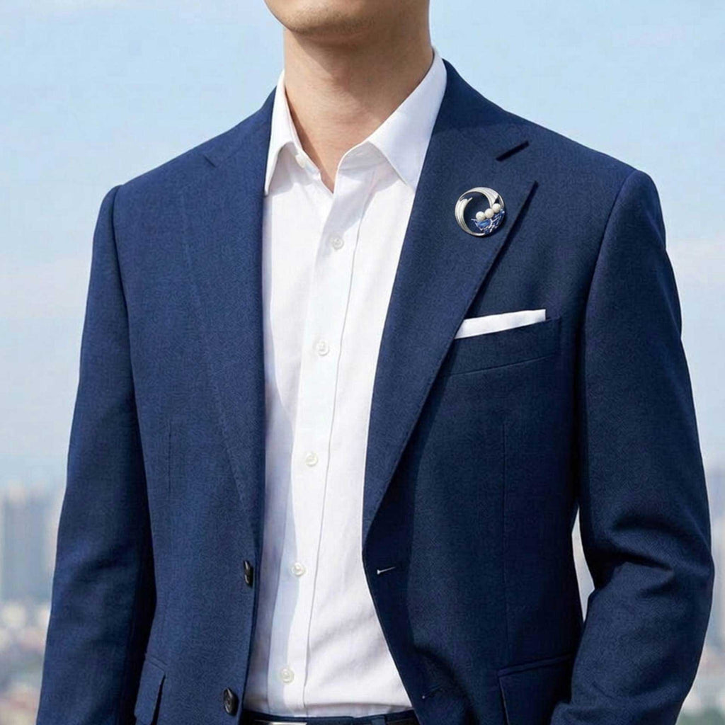 Man wearing pearl pin with wave design on a blue suit - Lilylin Designs