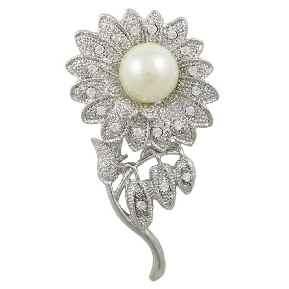 Crystal Sunflower Brooch Pin with Large White Pearl - Lilylin Designs