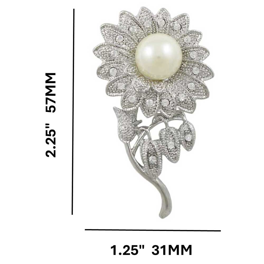 Crystal Sunflower Brooch Pin with Large White Pearl  with measurements - Lilylin Designs
