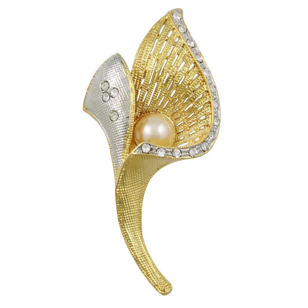 Gold and Silver Tulip with Light Yellow Pearl Brooch Pin - Lilylin Designs