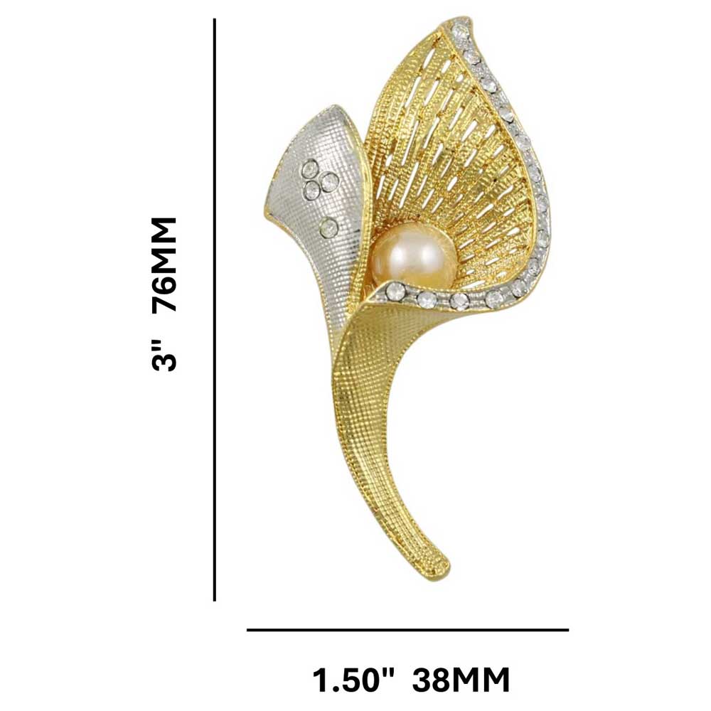 Gold and Silver Tulip with Light Yellow Pearl Brooch Pin shown with measurements - Lilylin Designs
