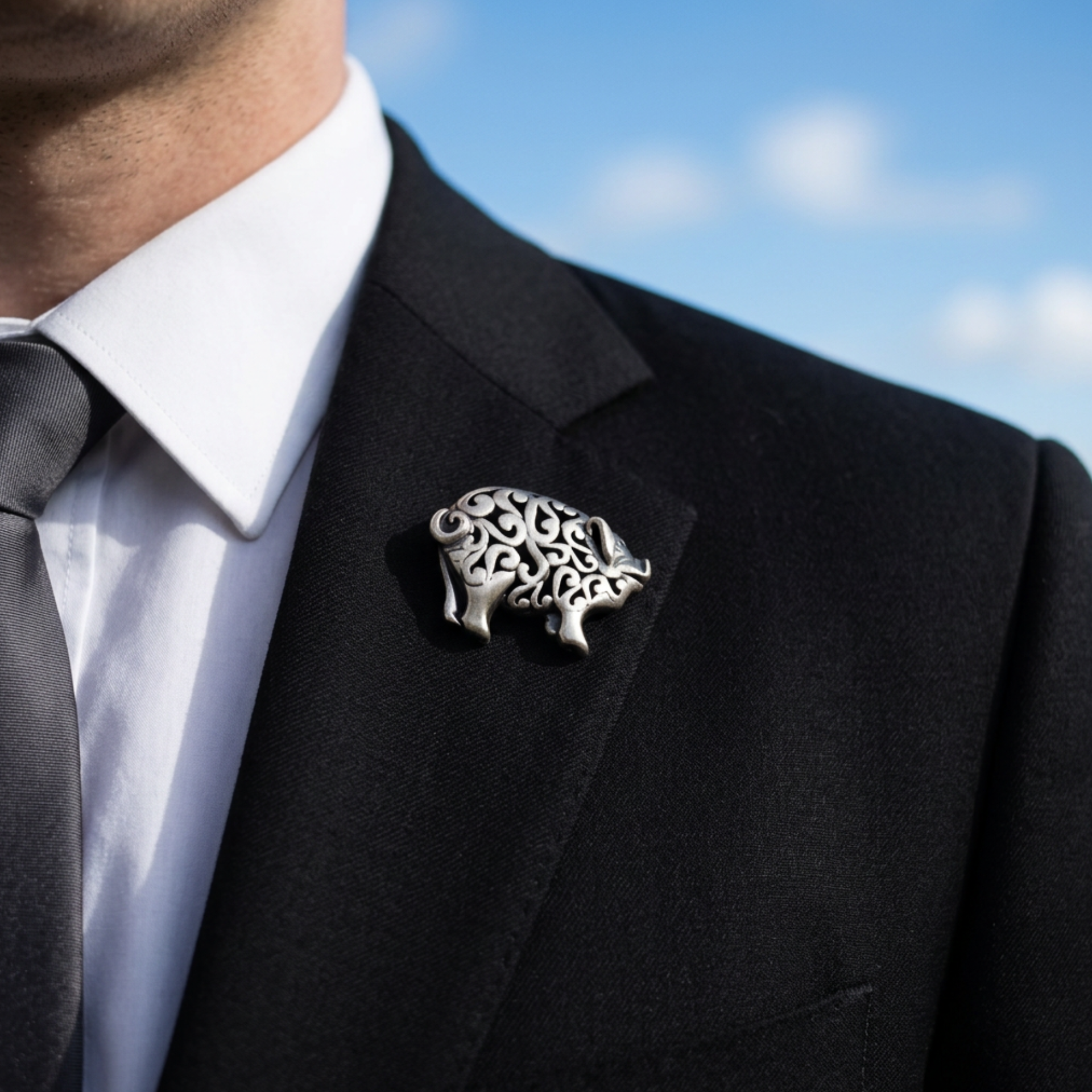 Pewter Pig Brooch Pin with Filigree Body on man's jacket - Lilylin Designs
