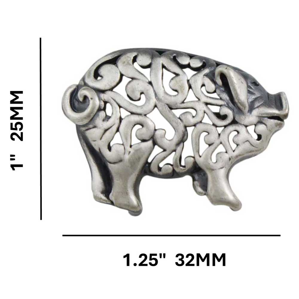 Pewter Pig Brooch Pin with Filigree Body  with measurements - Lilylin Designs