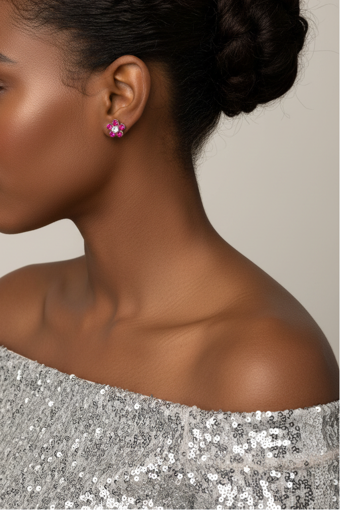 Model wearing pink crystal daisy with clear crystal center stud earring - Lilylin Designs