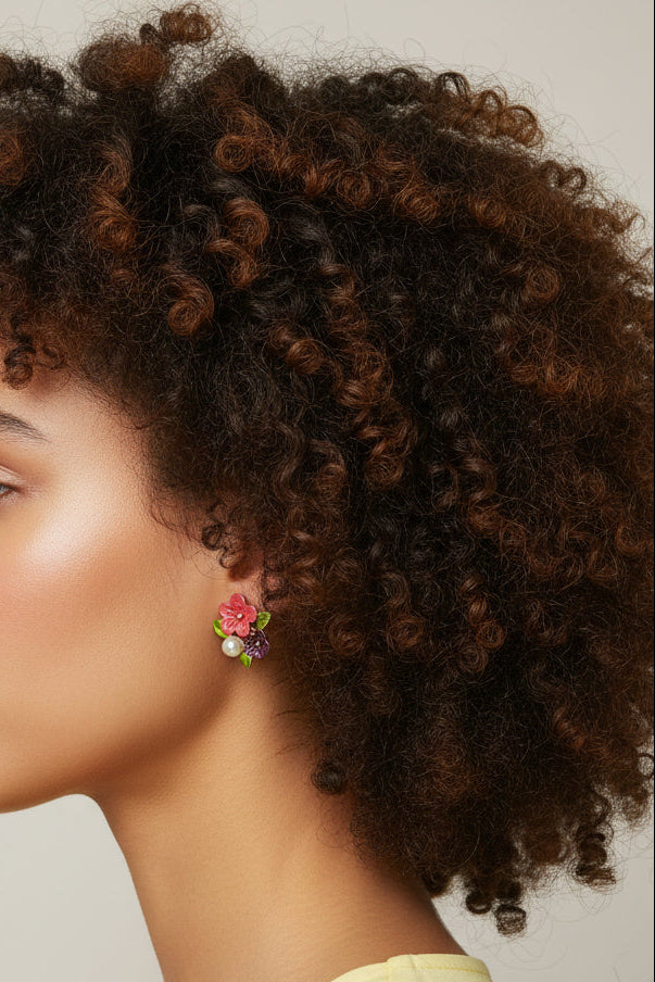 Model wearing red and purple enamel flowers with pearl stud Earring - Lilylin Designs