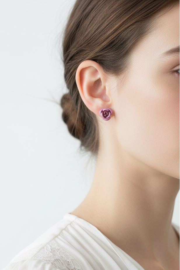 Model wearing pink rose stud earring - Lilylin Designs