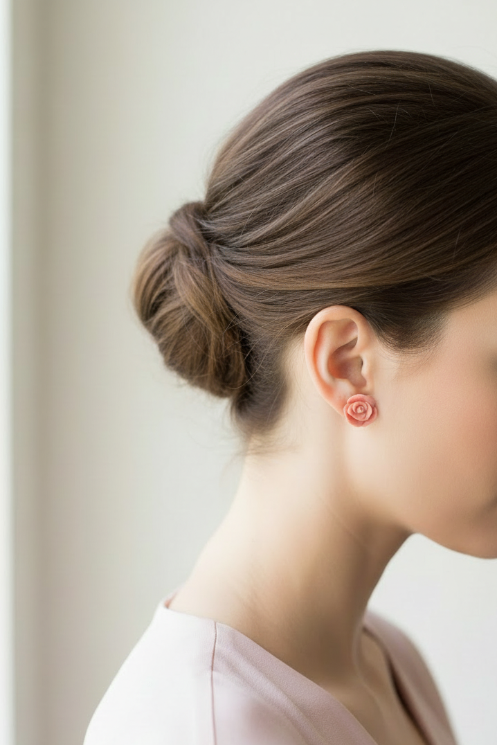 Model wearing pink rose earring - Lilylin Designs