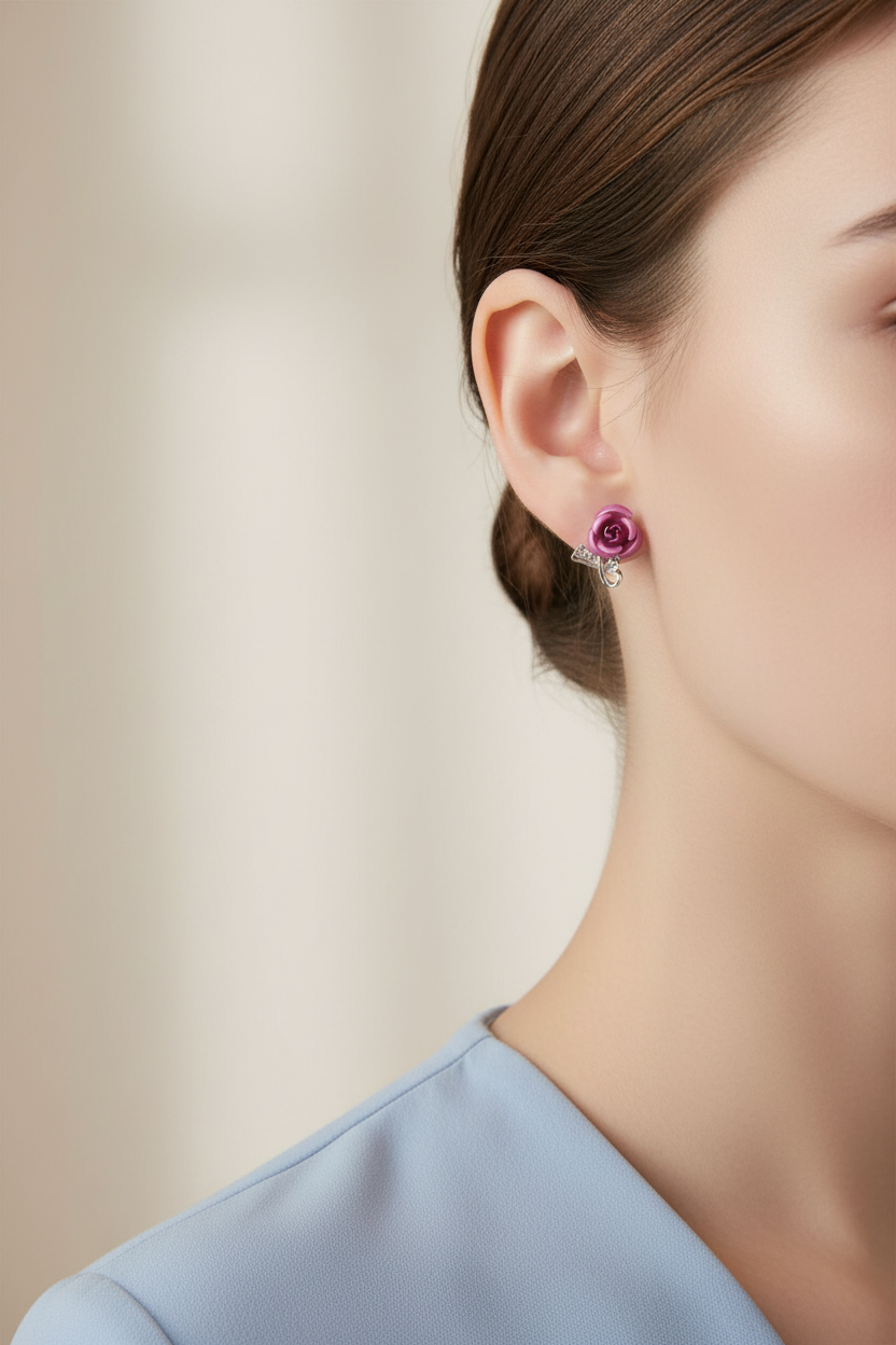 Model wearing pink rose with textured silver loop stud earring - Lilylin Design