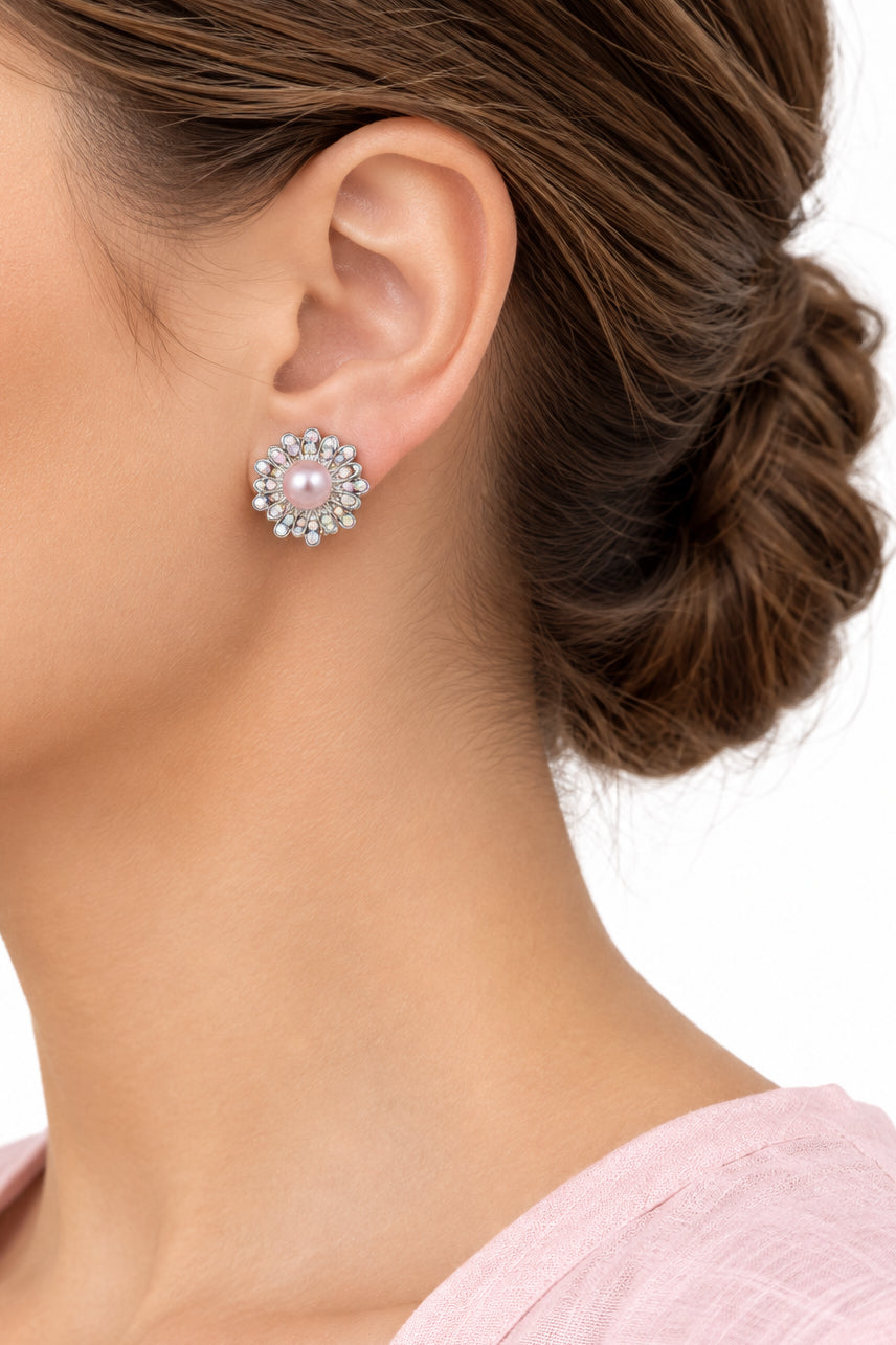 Model wearing light pink pearl with AB crystals clip earring - Lilylin Designs