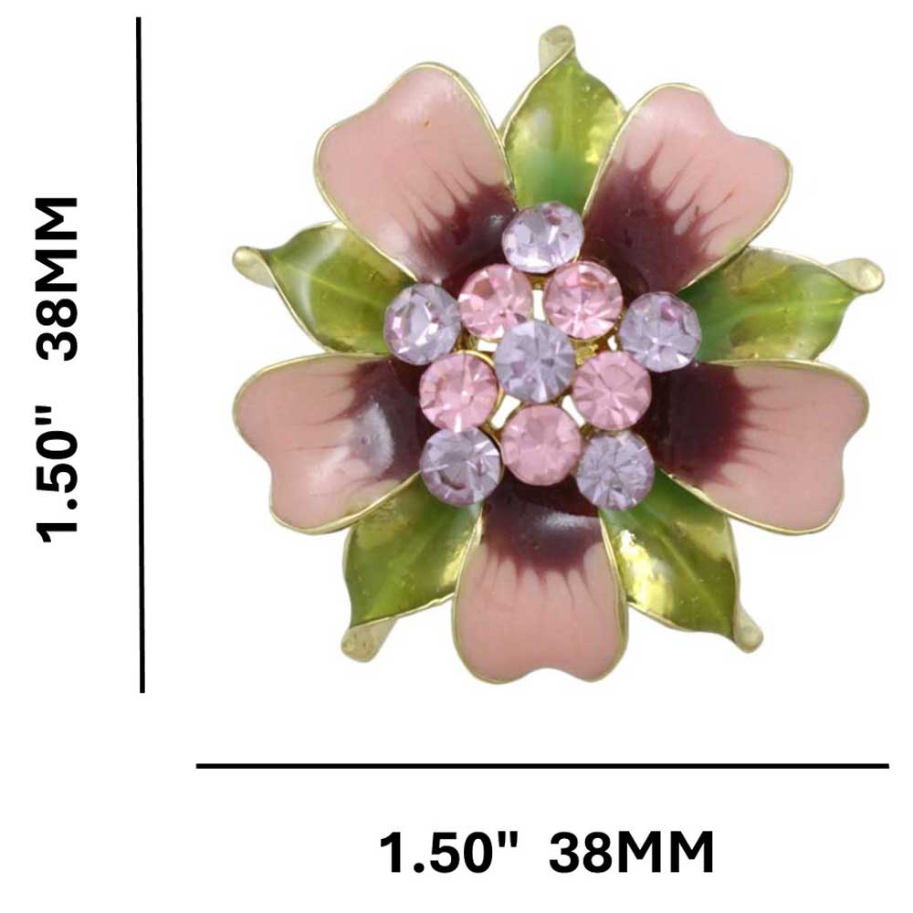 Pink and Green Enamel Flower with Crystals Brooch Pin with measurements - Lilylin Designs