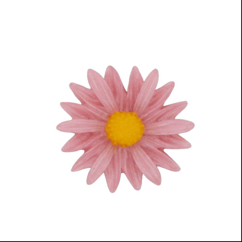 Handcrafted pink daisy with yellow center pin on white background - Lilylin Designs