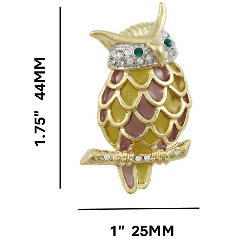 Pink and Yellow Stained Glass and Crystal Owl Pin with measurements - Lilylin Designs