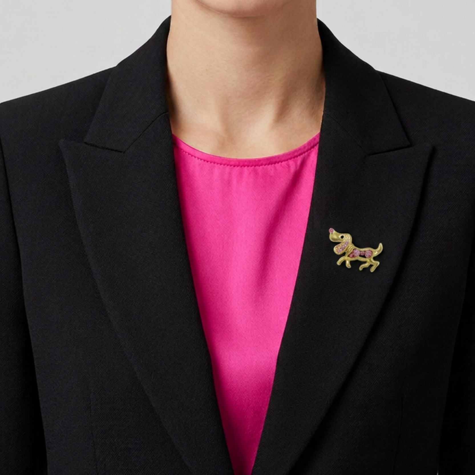 Gold with Pink Crystals Beagle Brooch Pin shown on model with black jacket and pink shirt - Lilylin Designs