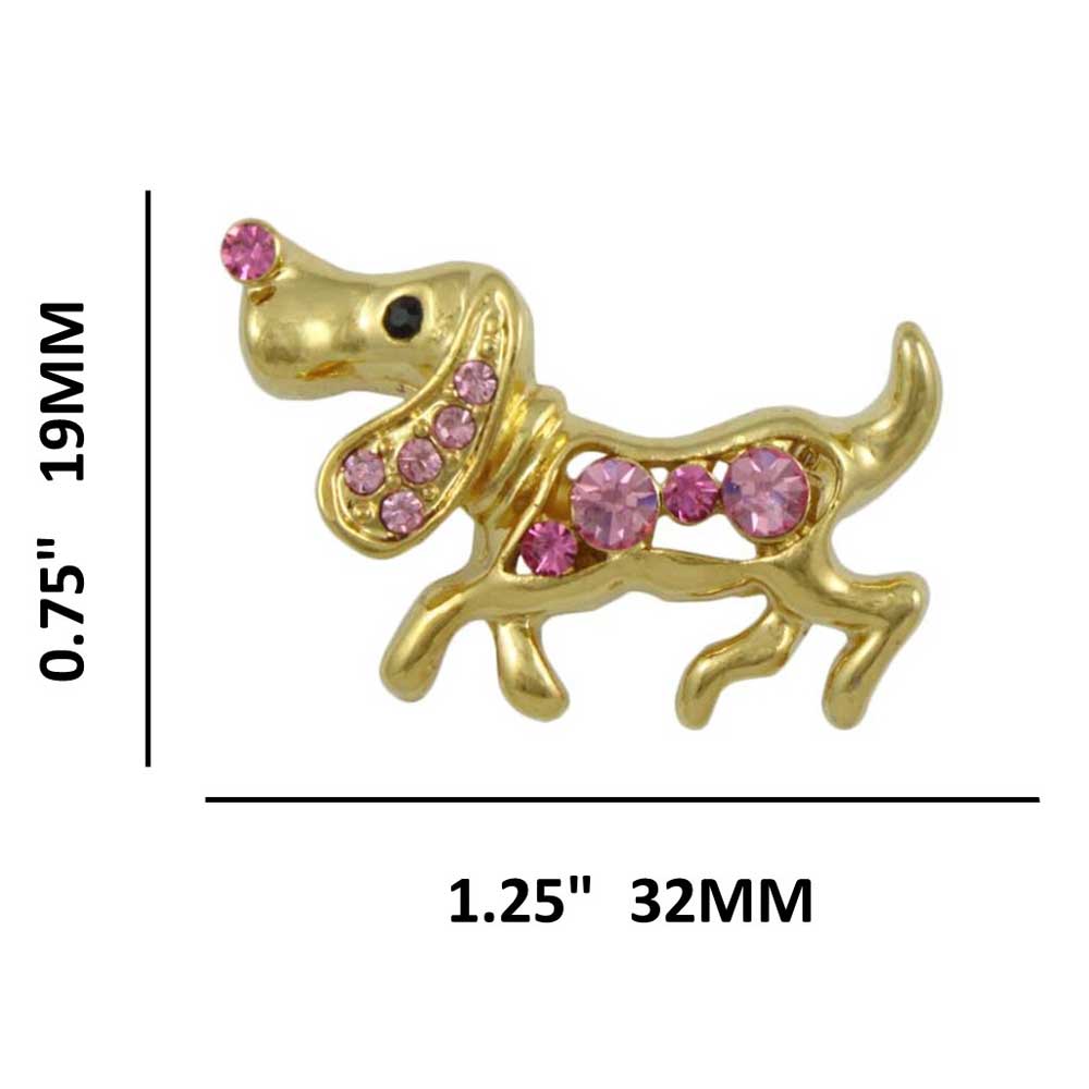 Gold with Pink Crystals Beagle Brooch Pin shown with measurements - Lilylin Designs