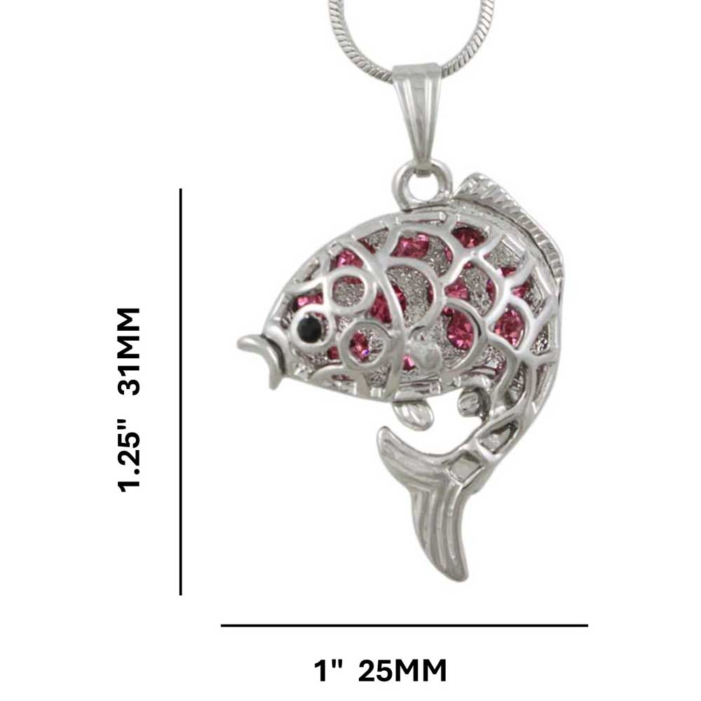 Pink Crystal 3D Fish Pendant on Silver  Chain with measurements - Lilylin Designs