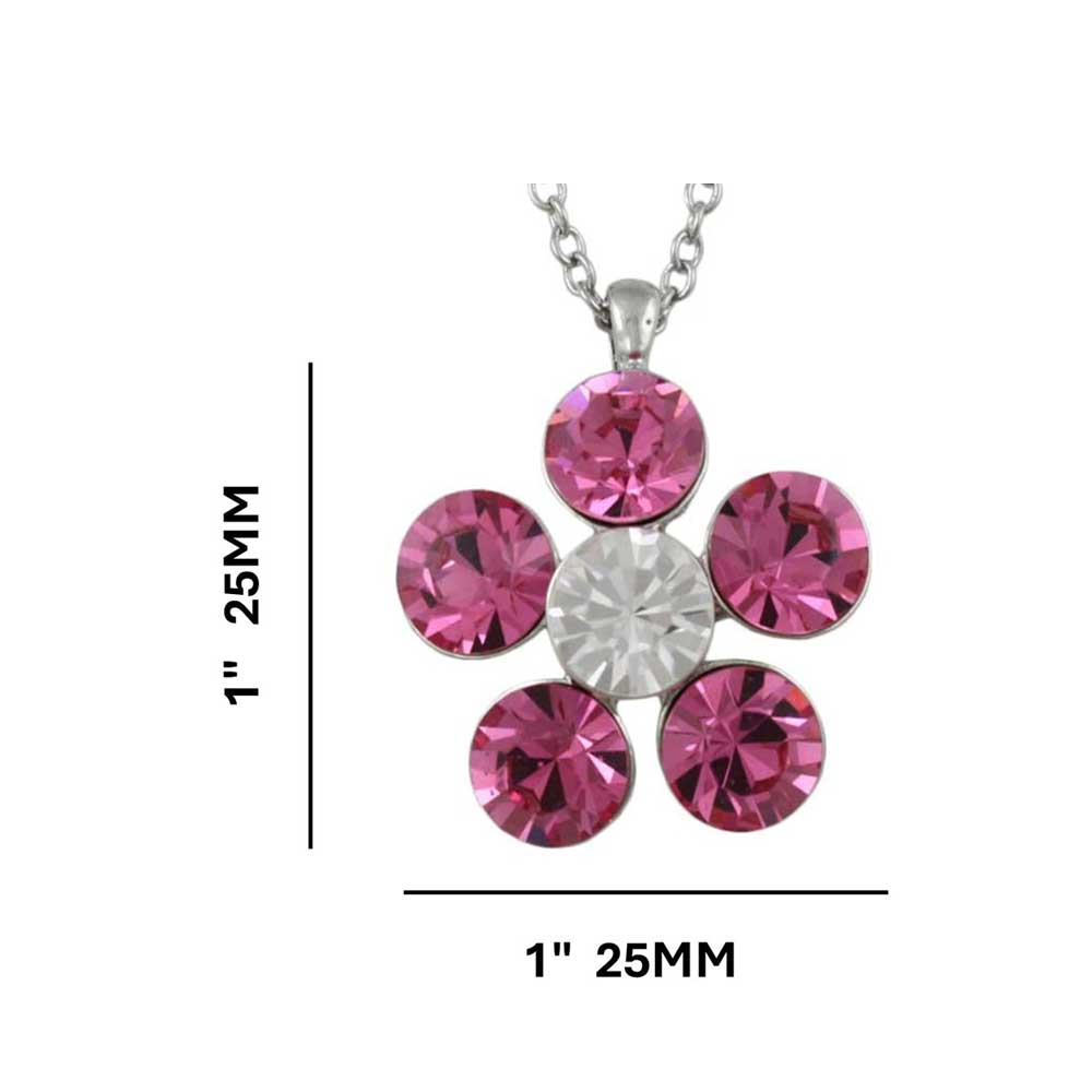 Large Pink Crystal Daisy Pendant on Silver Chain with measurements - Lilylin Designs