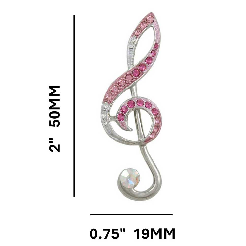 Light and Darker Pink Crystal G Clef Brooch Pin with measurements - Lilylin Designs