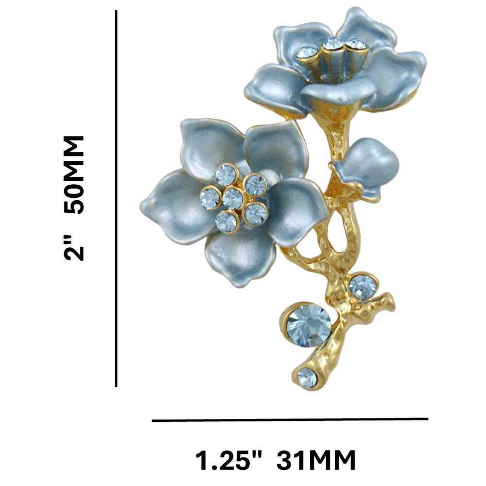 Powder Blue Flower with Blue Crystals Brooch Pin with measurements - Lilylin Designs