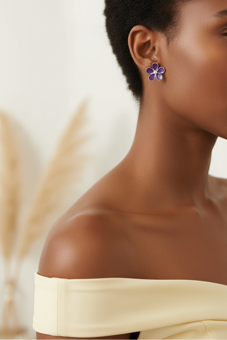 Model wearing purple daisy earring with AB crystal center - Lilylin Designs