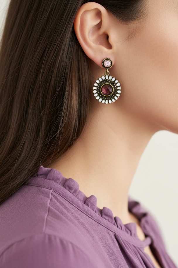 Model wearing purple disk dangle earring - Lilylin Designs
